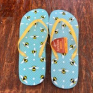 NWT * FLIP FLOPS (M 7/8) BEACH BLUE Yellow Black BUMBLEBEES * Shiny YELLOW STRAP